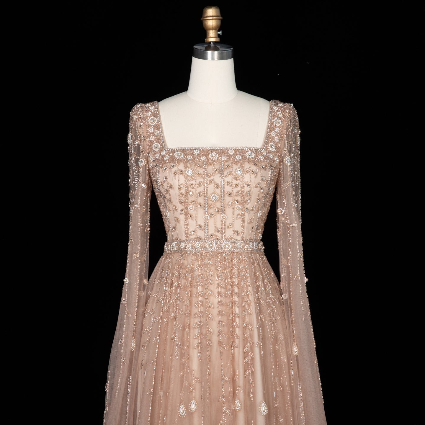 Luxury Caramel Beaded Cape Sleeve A-Line Evening Gown with Square Neck SS494 Sheer Fairy