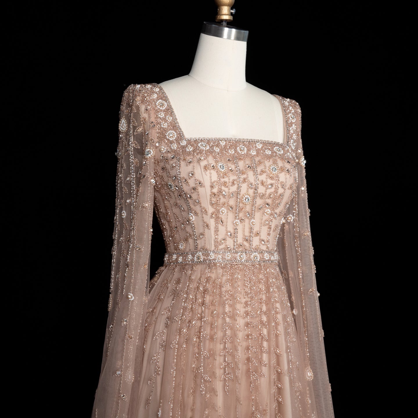 Luxury Caramel Beaded Cape Sleeve A-Line Evening Gown with Square Neck SS494 Sheer Fairy