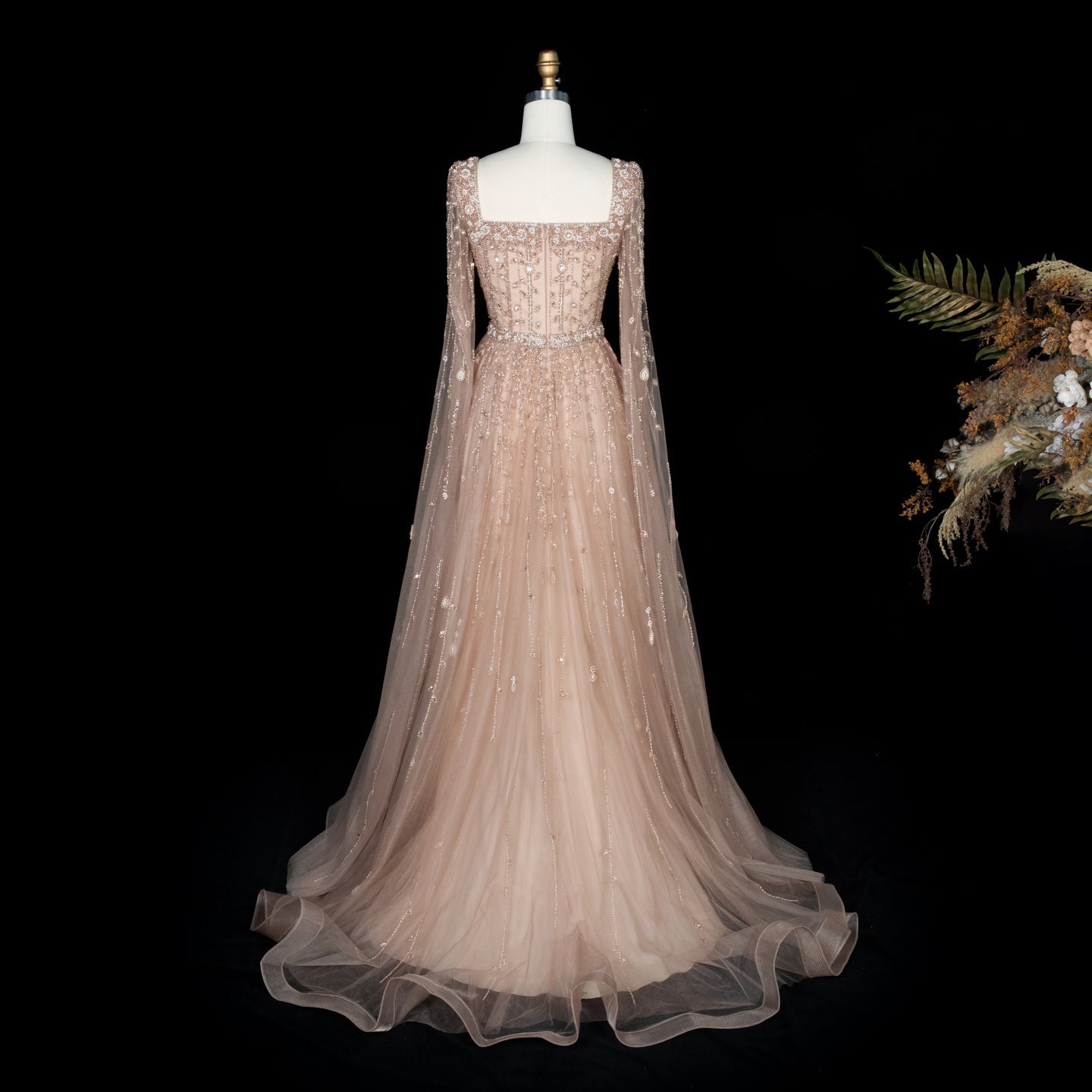 Luxury Caramel Beaded Cape Sleeve A-Line Evening Gown with Square Neck SS494 Sheer Fairy