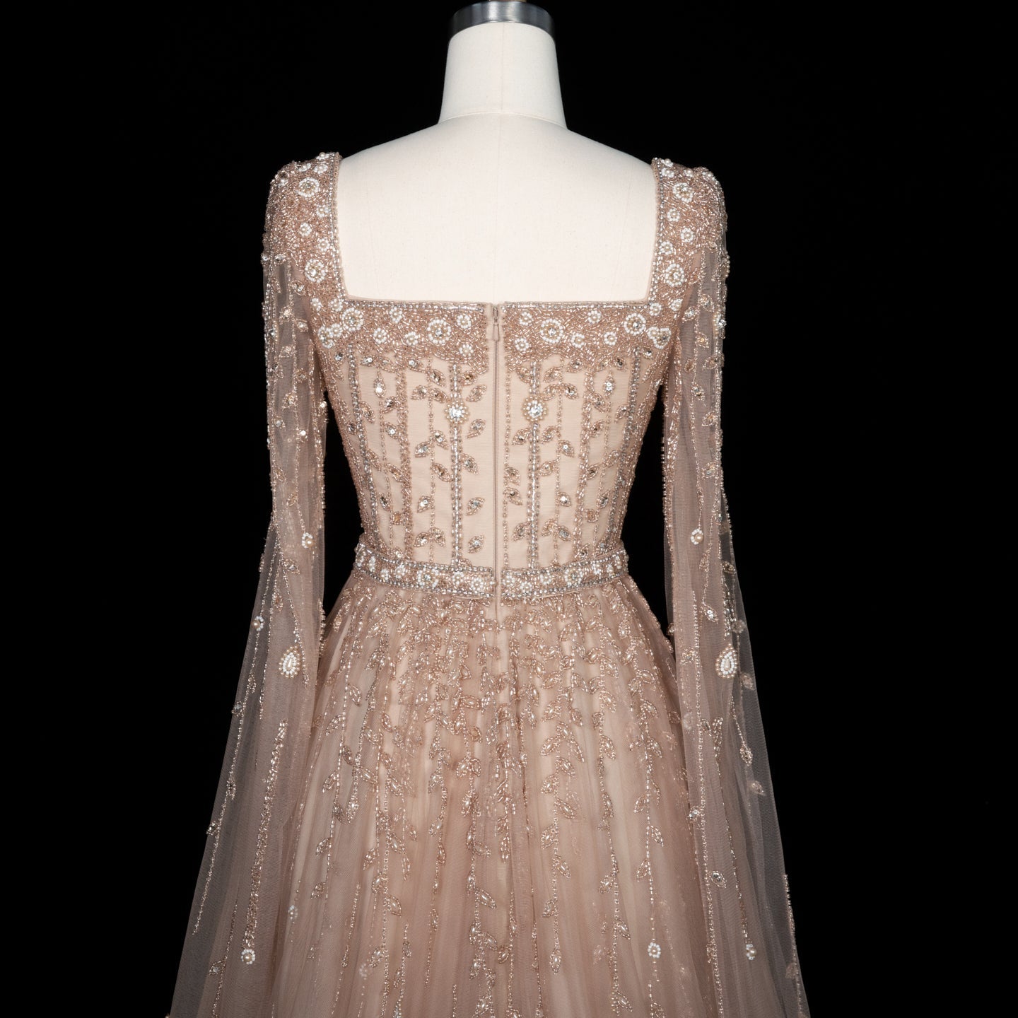 Luxury Caramel Beaded Cape Sleeve A-Line Evening Gown with Square Neck SS494 Sheer Fairy