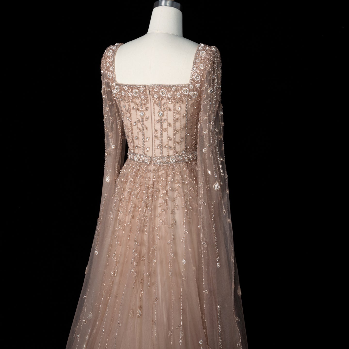Luxury Caramel Beaded Cape Sleeve A-Line Evening Gown with Square Neck SS494 Sheer Fairy