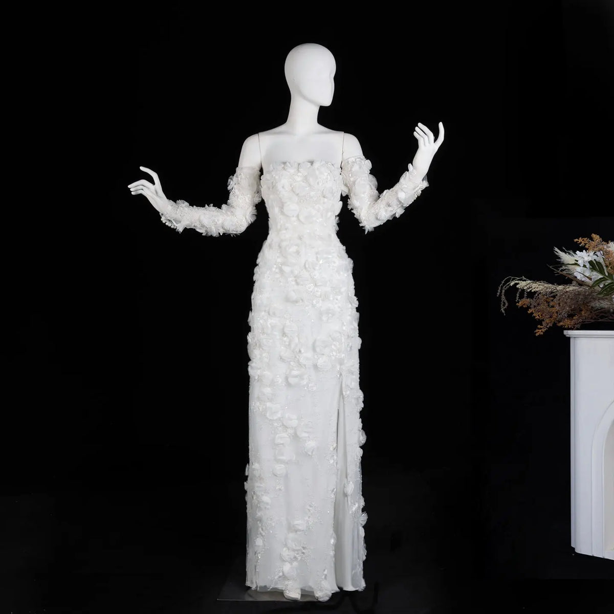 Luxury Beaded Long Sleeve Lace High Slit Wedding Dress SW085 Sheer Fairy
