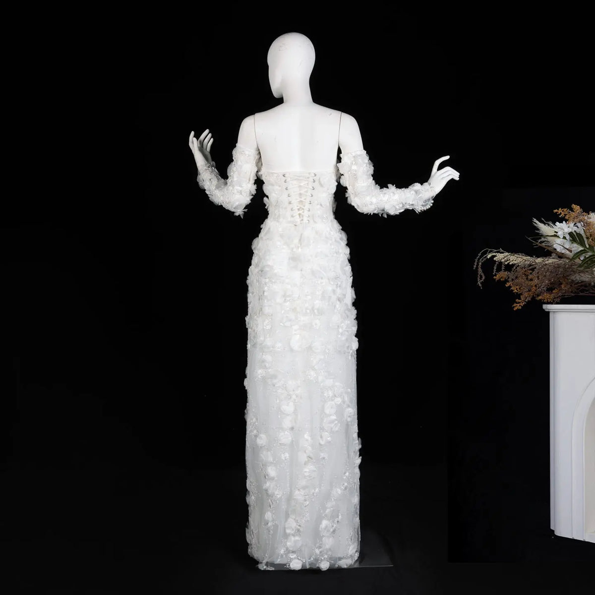 Luxury Beaded Long Sleeve Lace High Slit Wedding Dress SW085 Sheer Fairy
