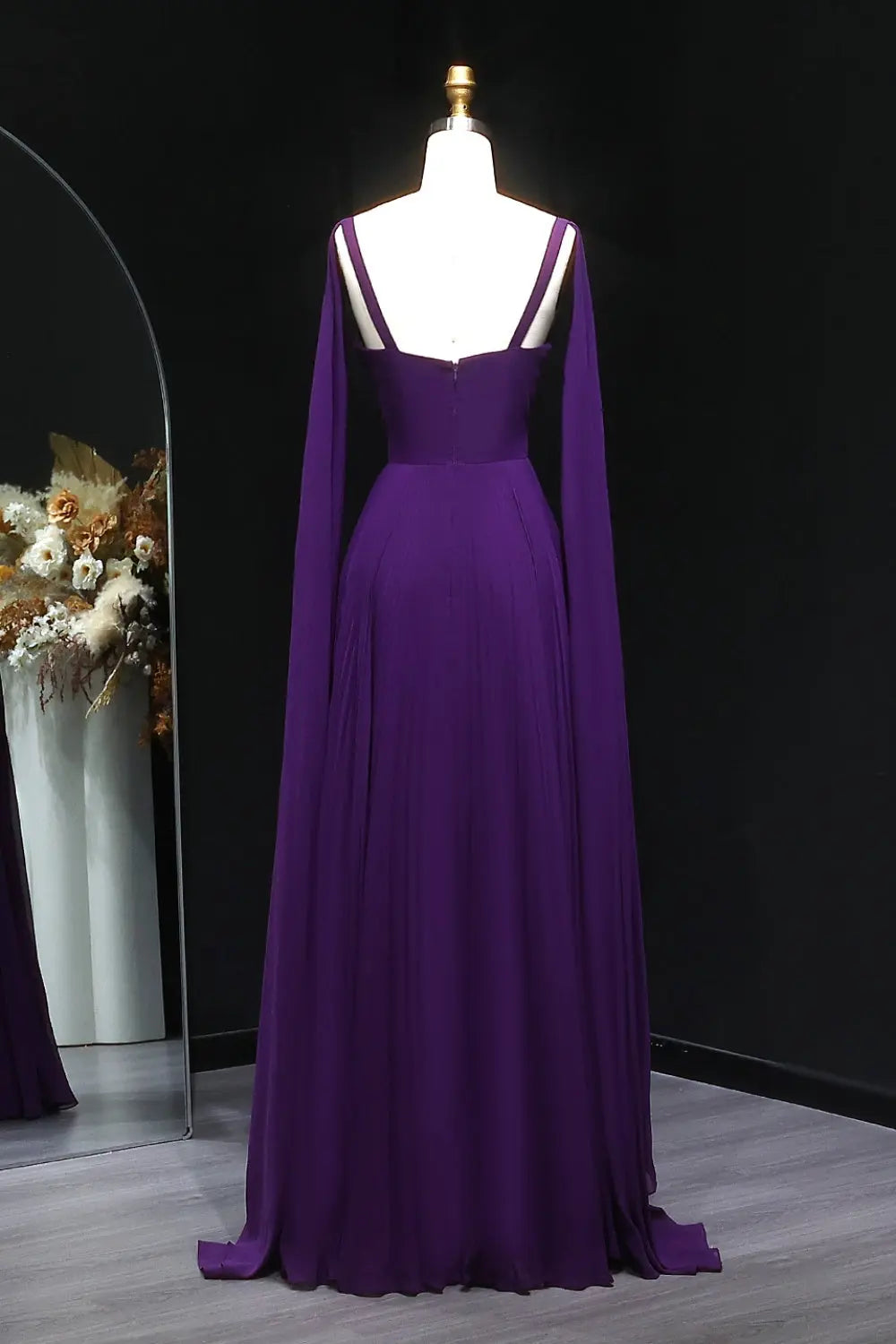 Elegant Fuchsia Chiffon Evening Dress with Cape Sleeves SF090 Sheer Fairy