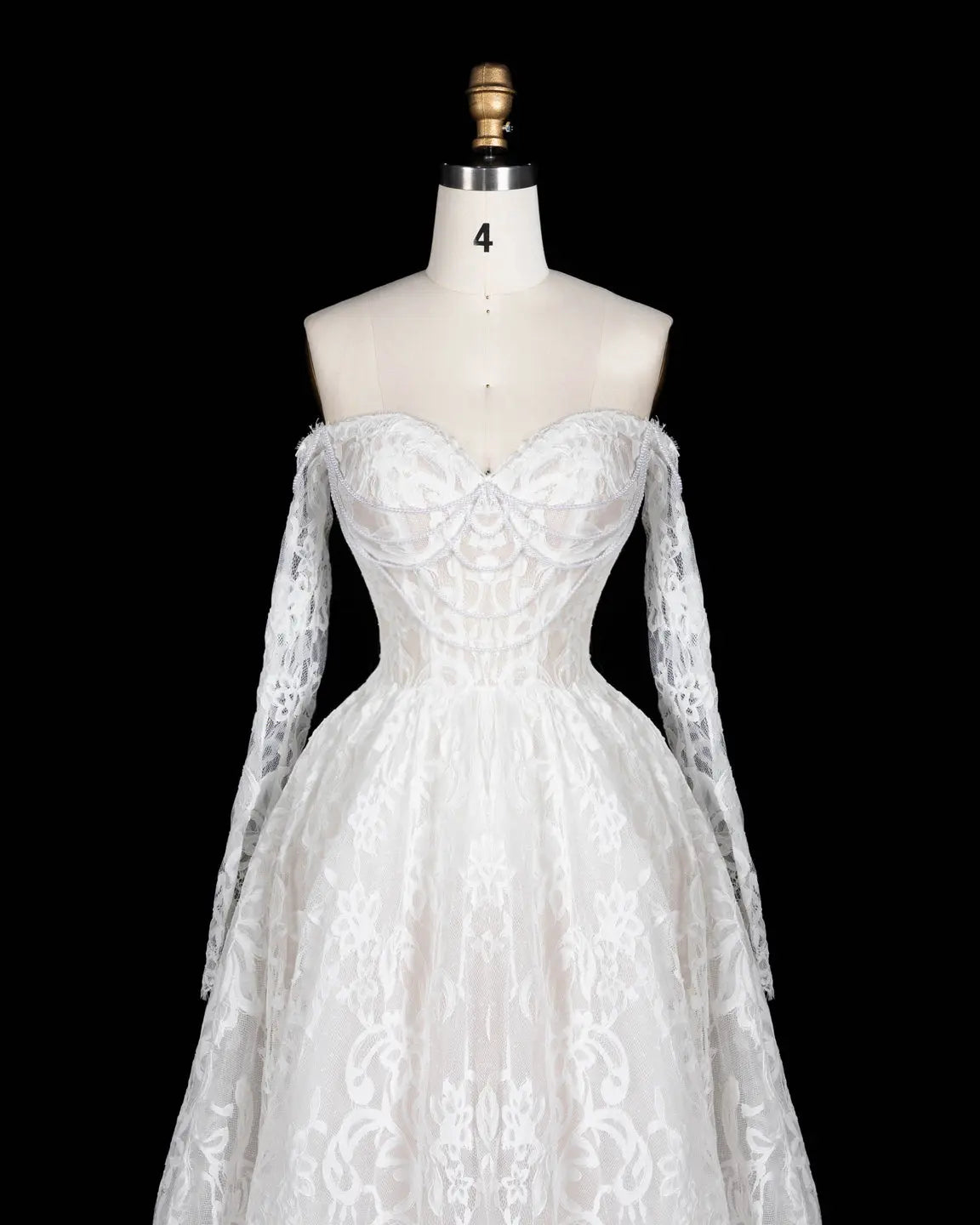 White Off Shoulder Lace Long Sleeve Wedding Gown Sheer Fairy