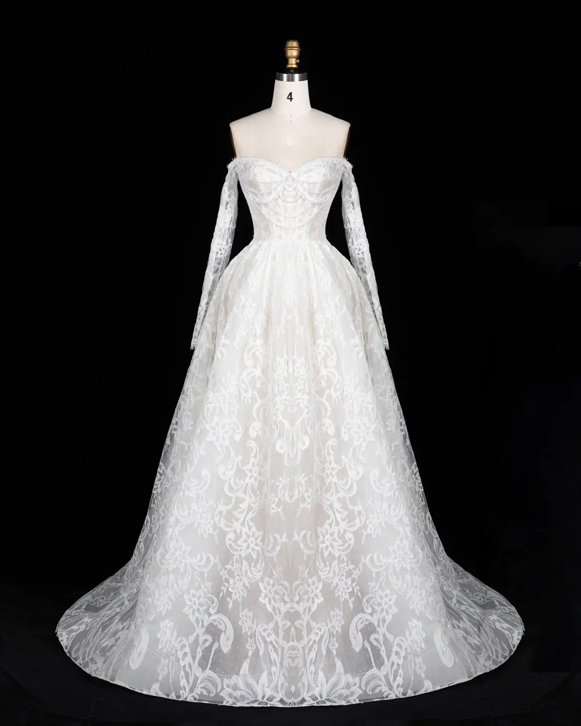 White Off Shoulder Lace Long Sleeve Wedding Gown Sheer Fairy