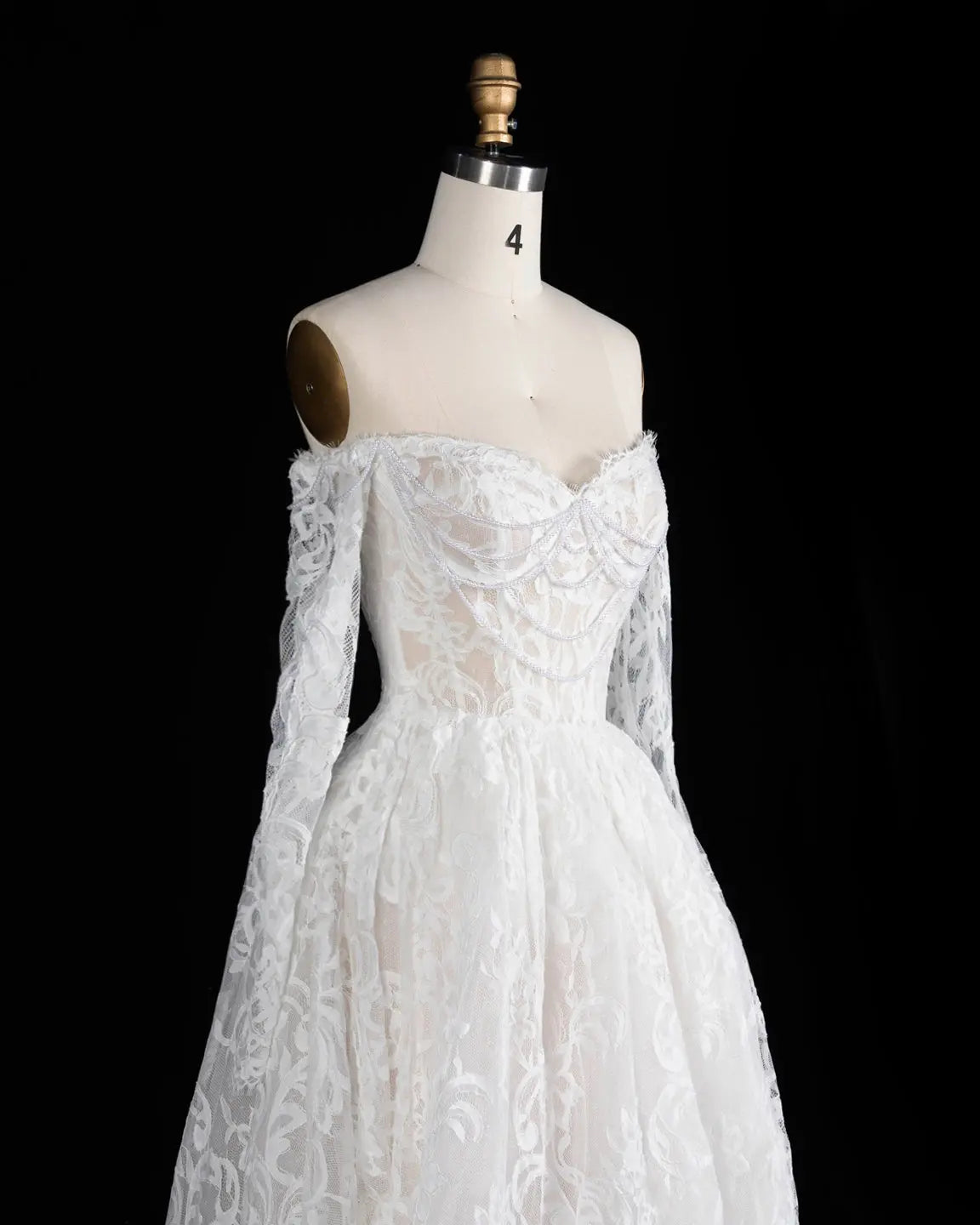 White Off Shoulder Lace Long Sleeve Wedding Gown Sheer Fairy
