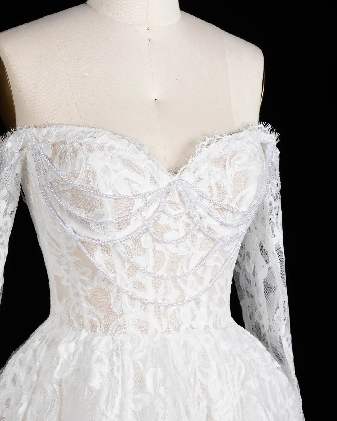 White Off Shoulder Lace Long Sleeve Wedding Gown Sheer Fairy