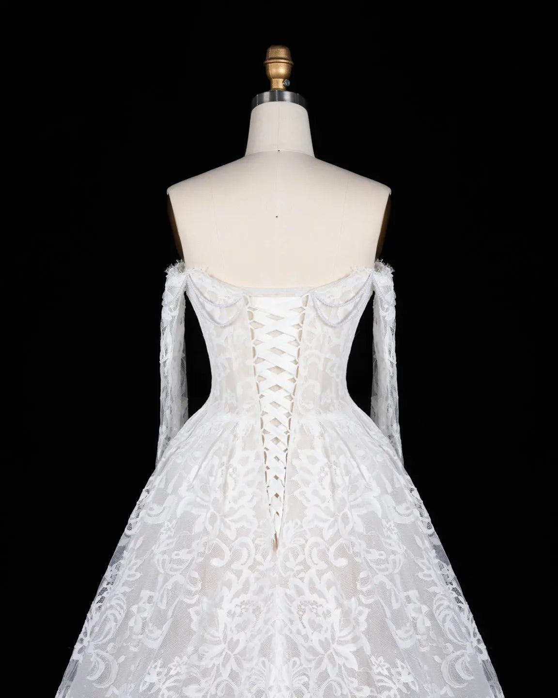 White Off Shoulder Lace Long Sleeve Wedding Gown Sheer Fairy