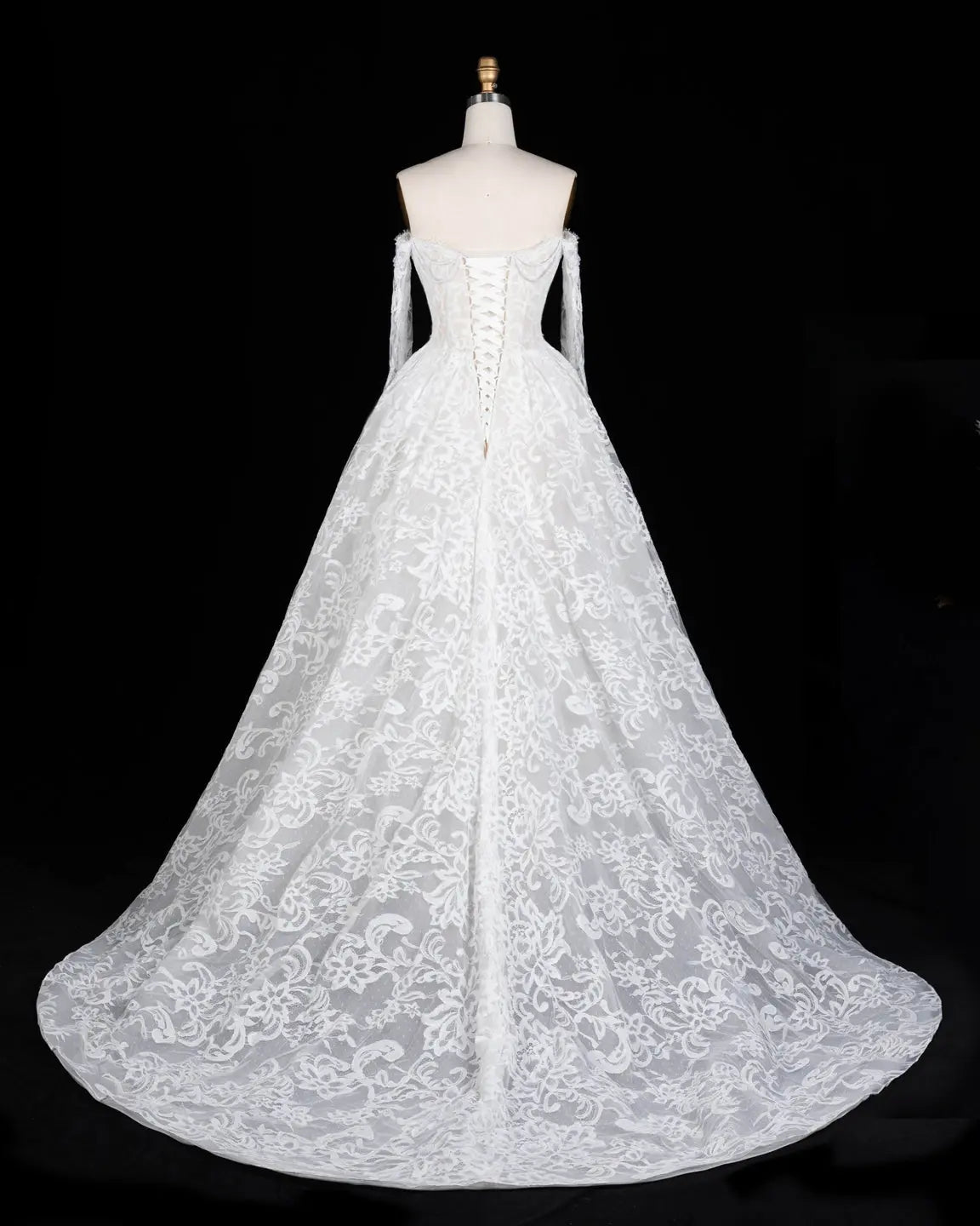 White Off Shoulder Lace Long Sleeve Wedding Gown Sheer Fairy