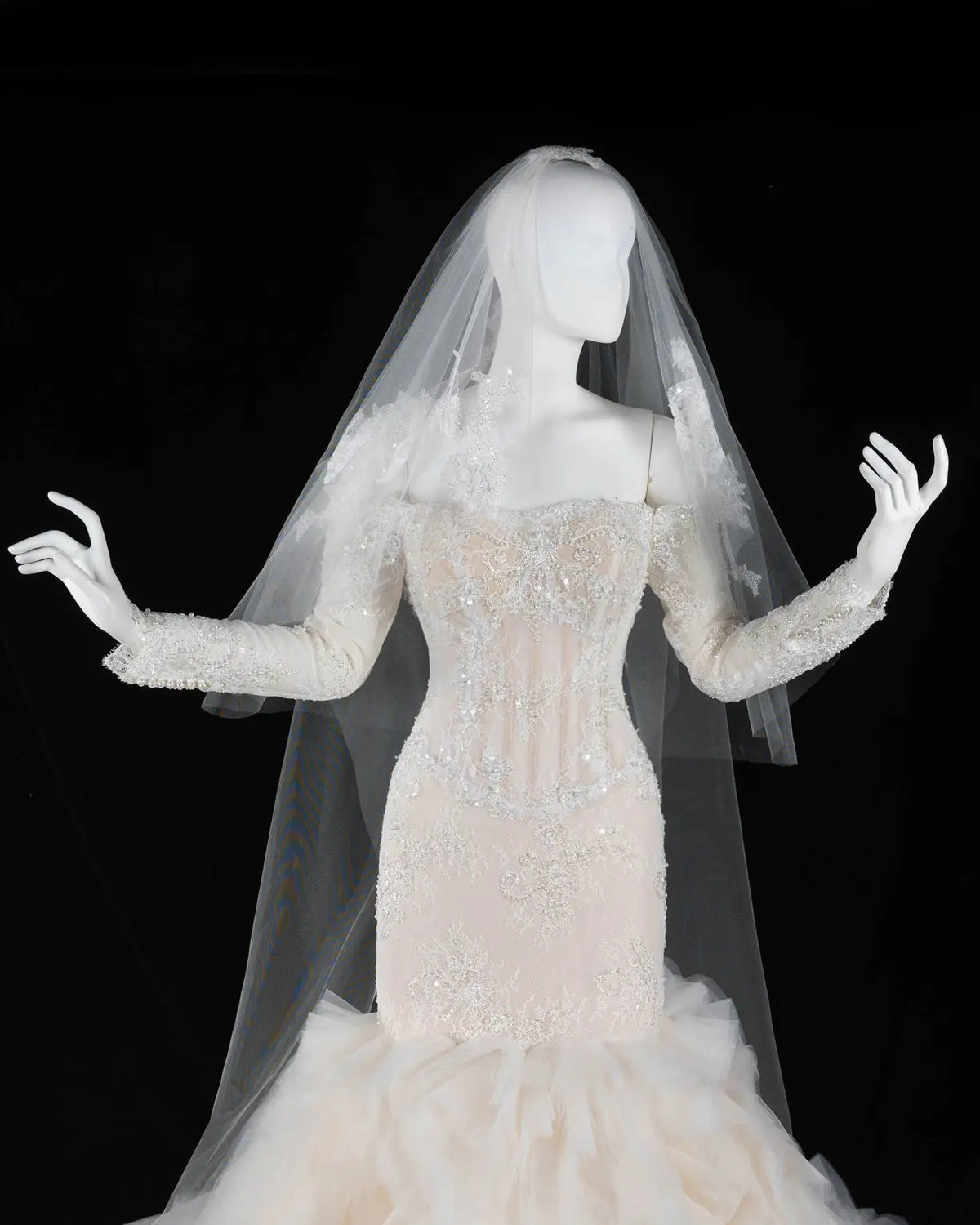 Off White Lace Long Sleeve Corset Mermaid Wedding Gown Sheer Fairy