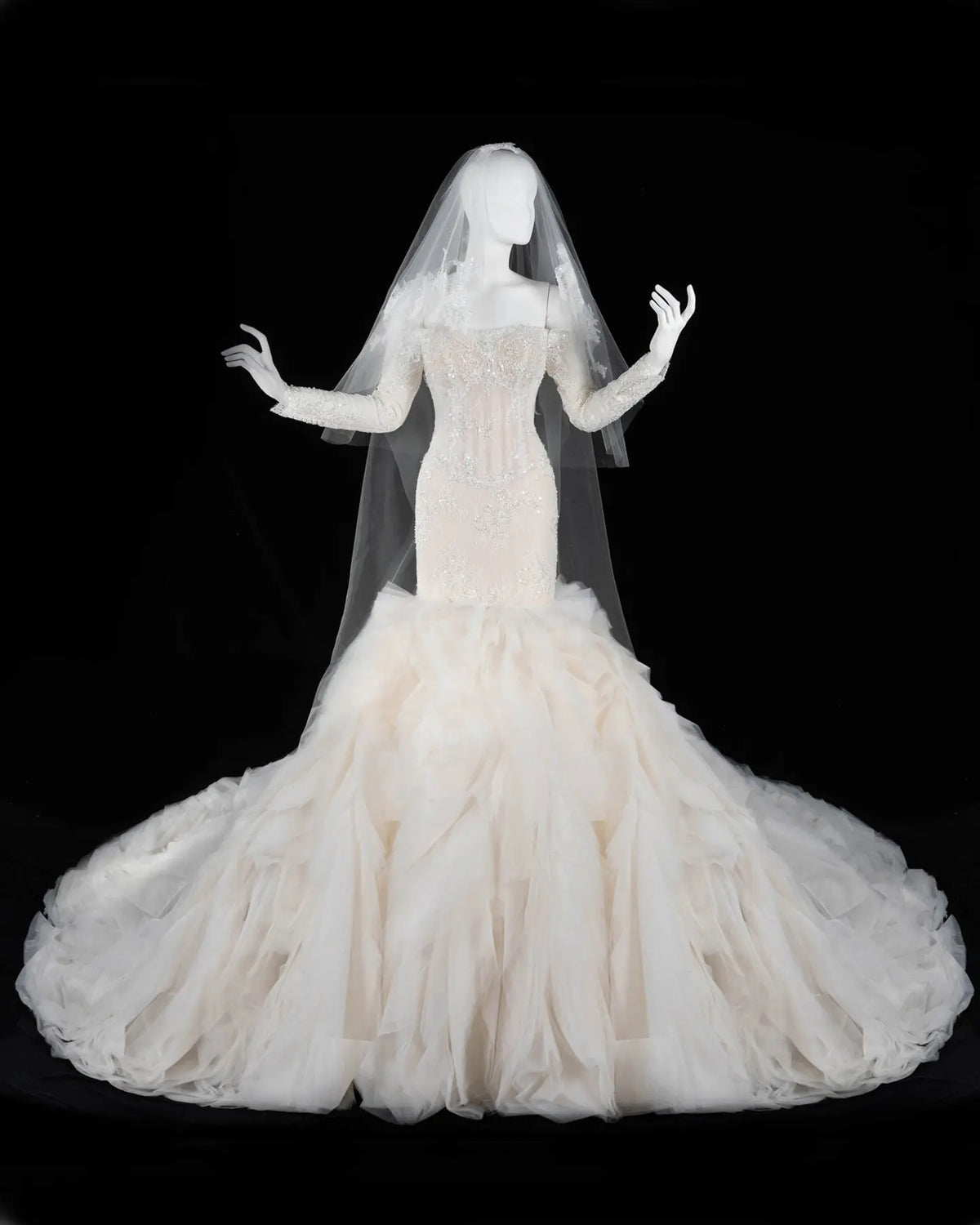 Off White Lace Long Sleeve Corset Mermaid Wedding Gown Sheer Fairy
