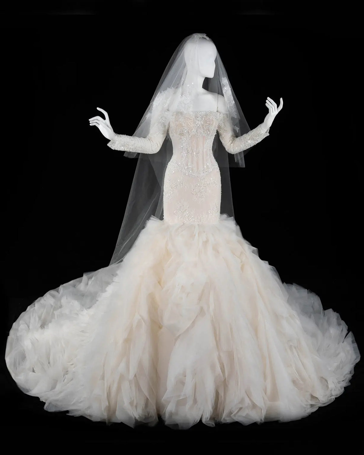 Off White Lace Long Sleeve Corset Mermaid Wedding Gown Sheer Fairy