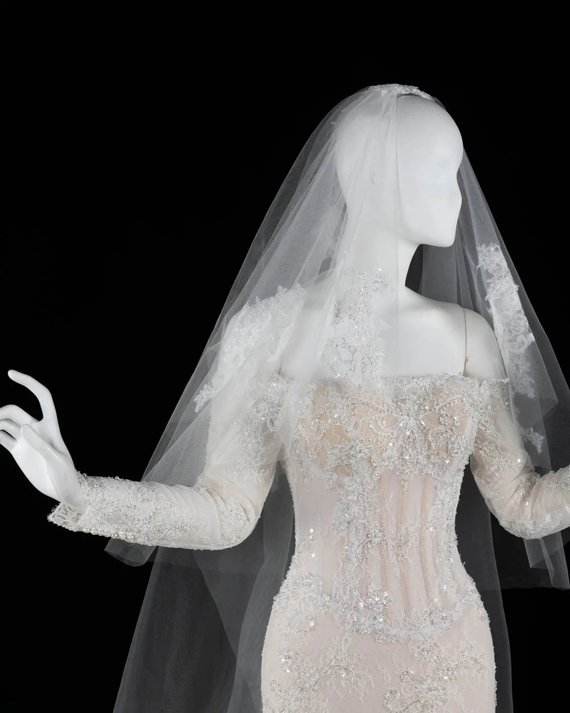 Off White Lace Long Sleeve Corset Mermaid Wedding Gown Sheer Fairy