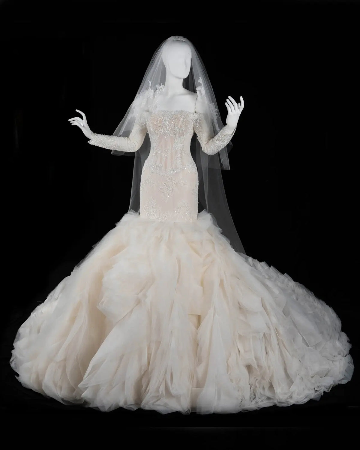 Off White Lace Long Sleeve Corset Mermaid Wedding Gown Sheer Fairy