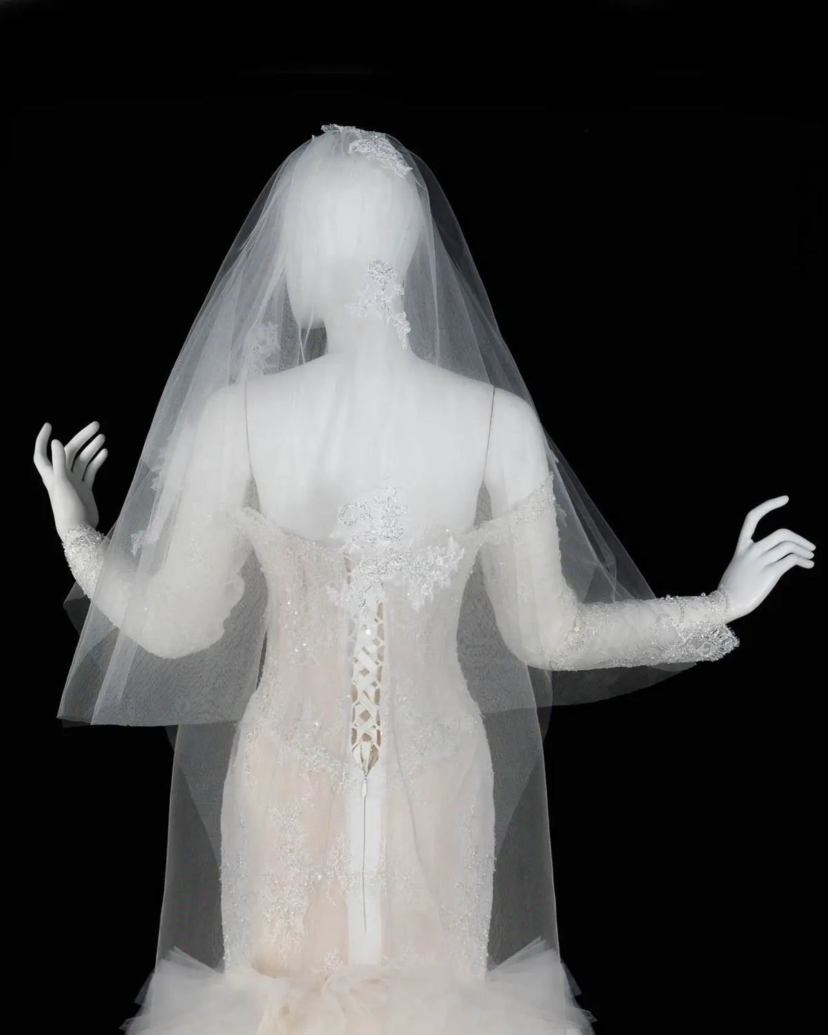 Off White Lace Long Sleeve Corset Mermaid Wedding Gown Sheer Fairy