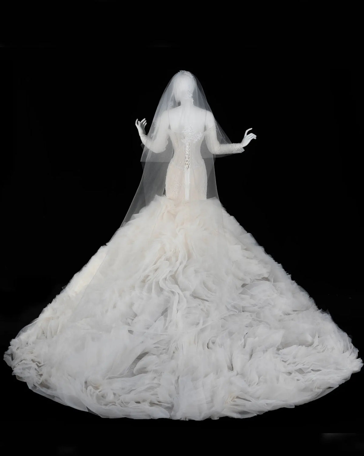 Off White Lace Long Sleeve Corset Mermaid Wedding Gown Sheer Fairy