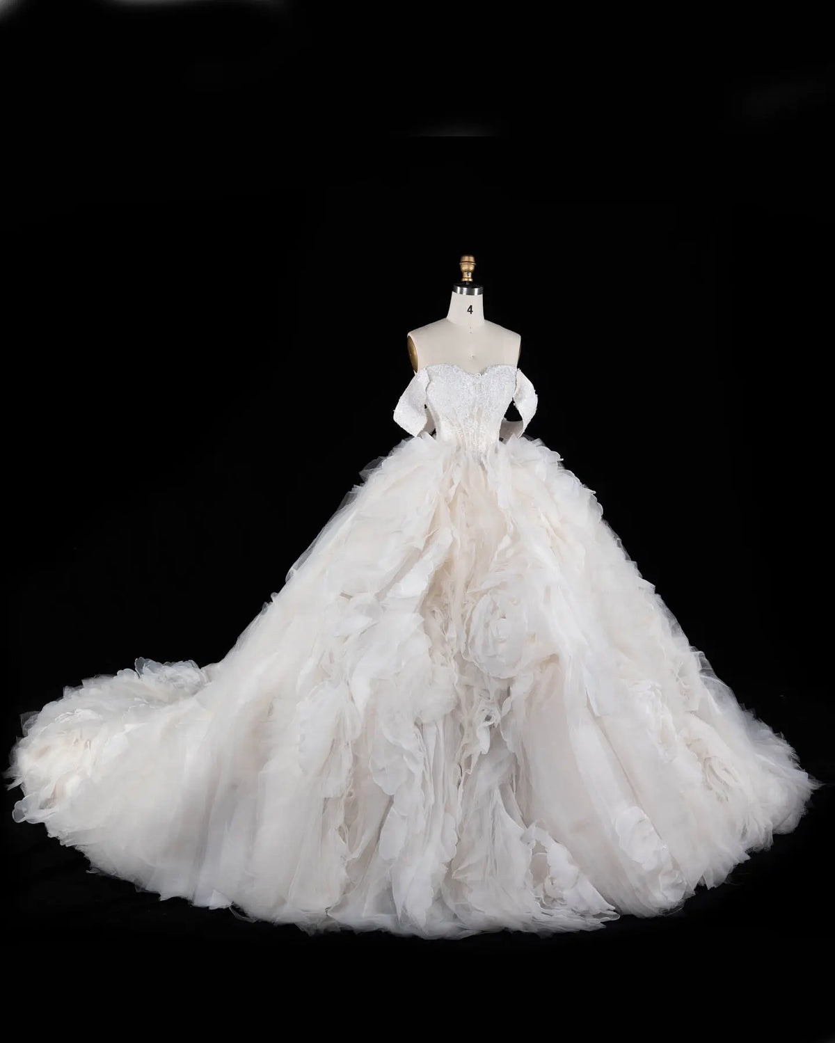 Off White Off Shoulder Lace Ball Gown Wedding Dress Sheer Fairy