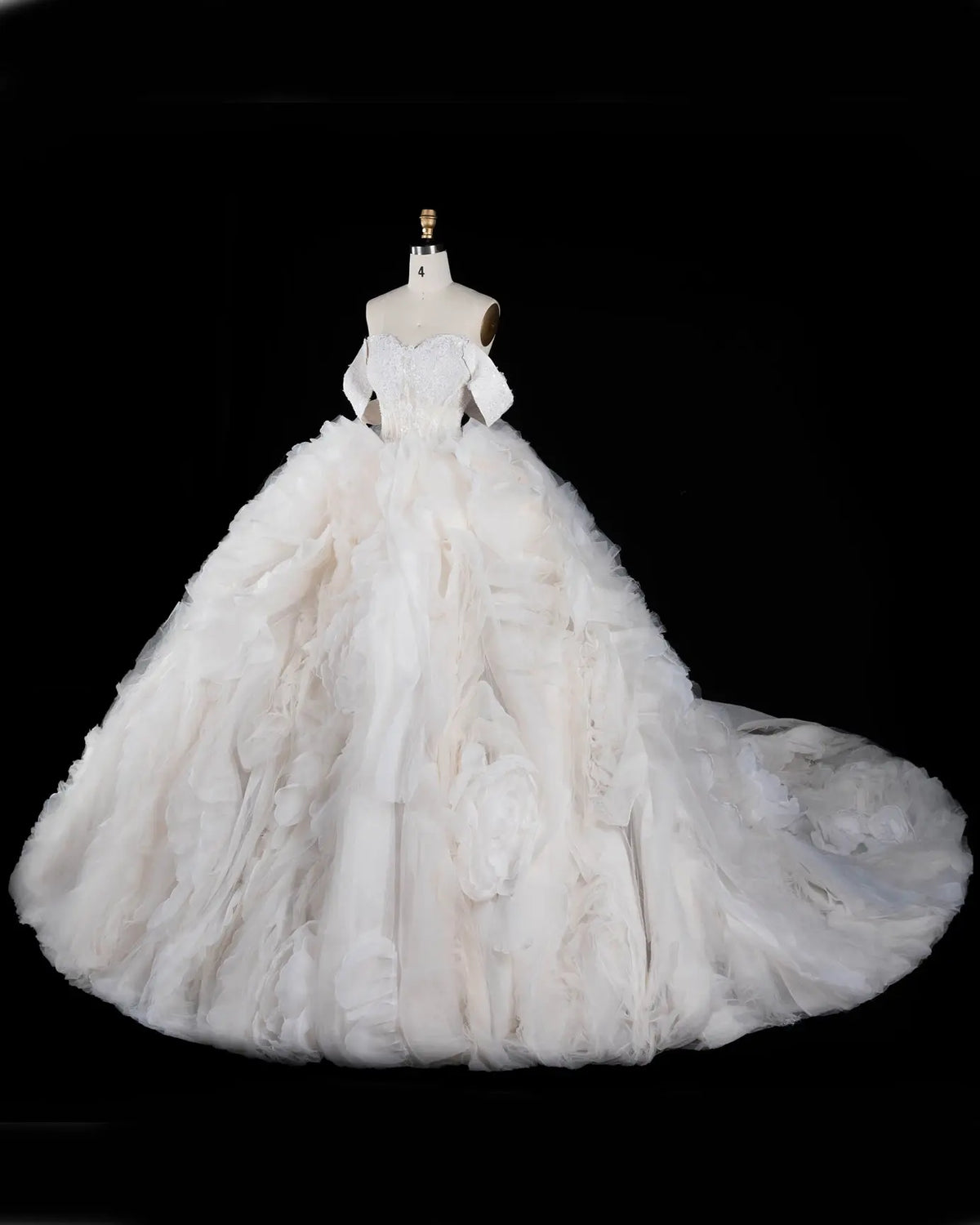 Off White Off Shoulder Lace Ball Gown Wedding Dress Sheer Fairy