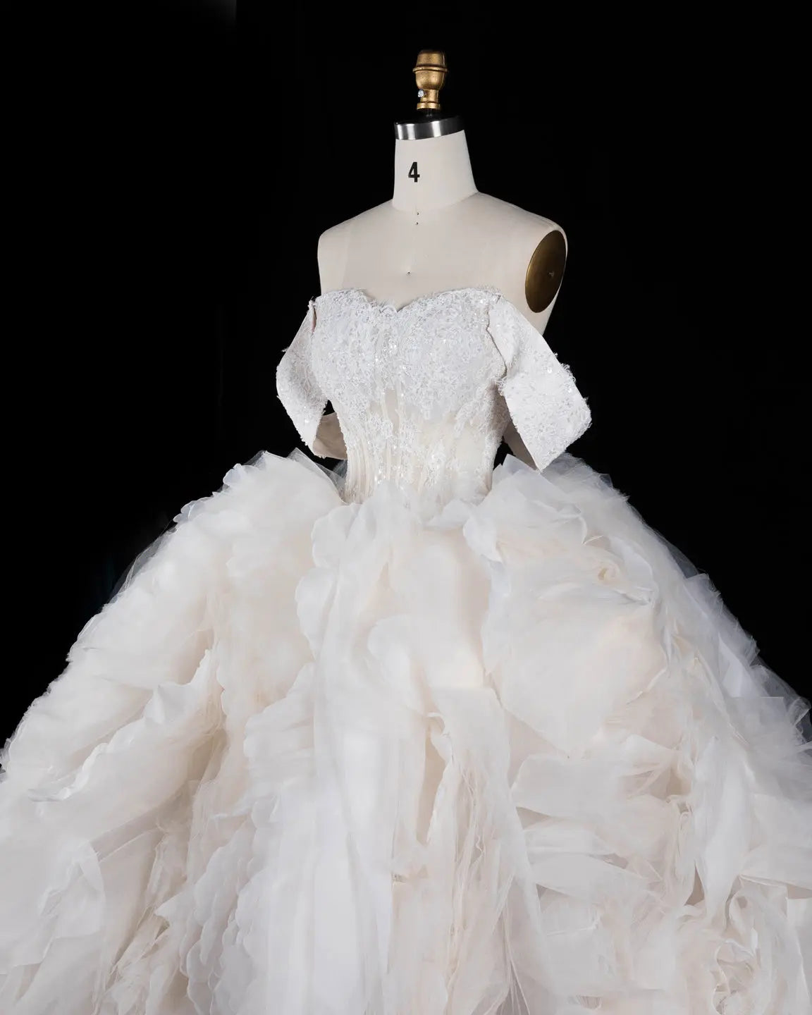 Off White Off Shoulder Lace Ball Gown Wedding Dress Sheer Fairy