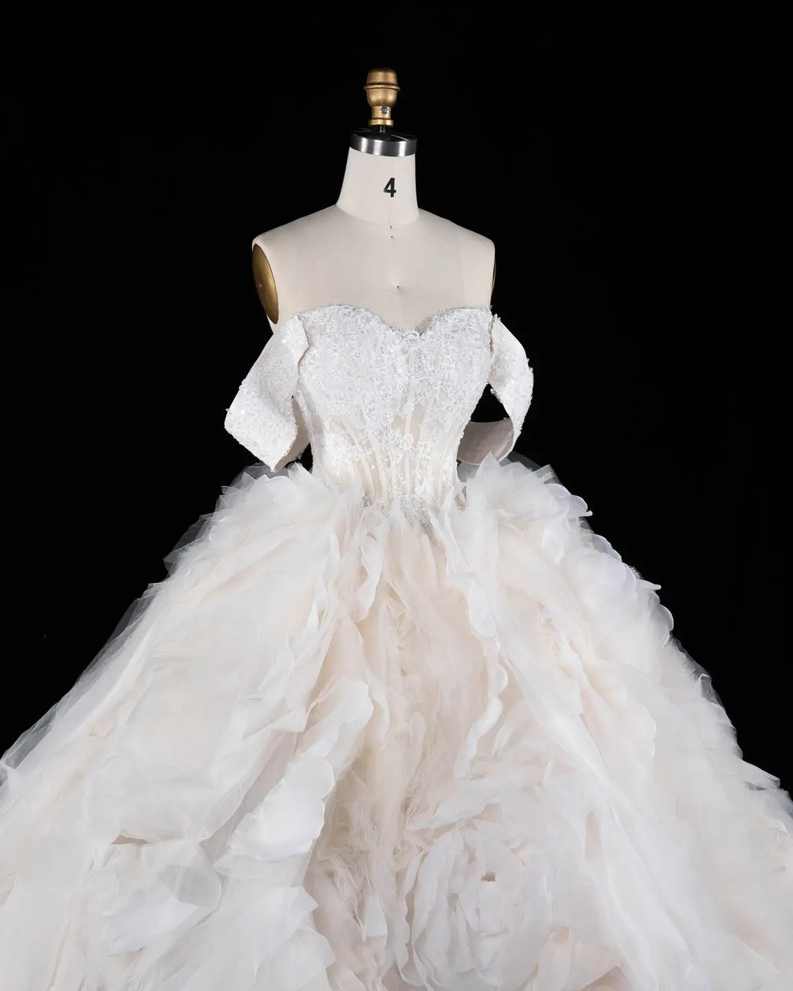 Off White Off Shoulder Lace Ball Gown Wedding Dress Sheer Fairy