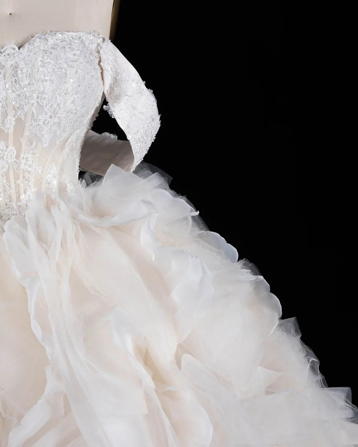 Off White Off Shoulder Lace Ball Gown Wedding Dress Sheer Fairy