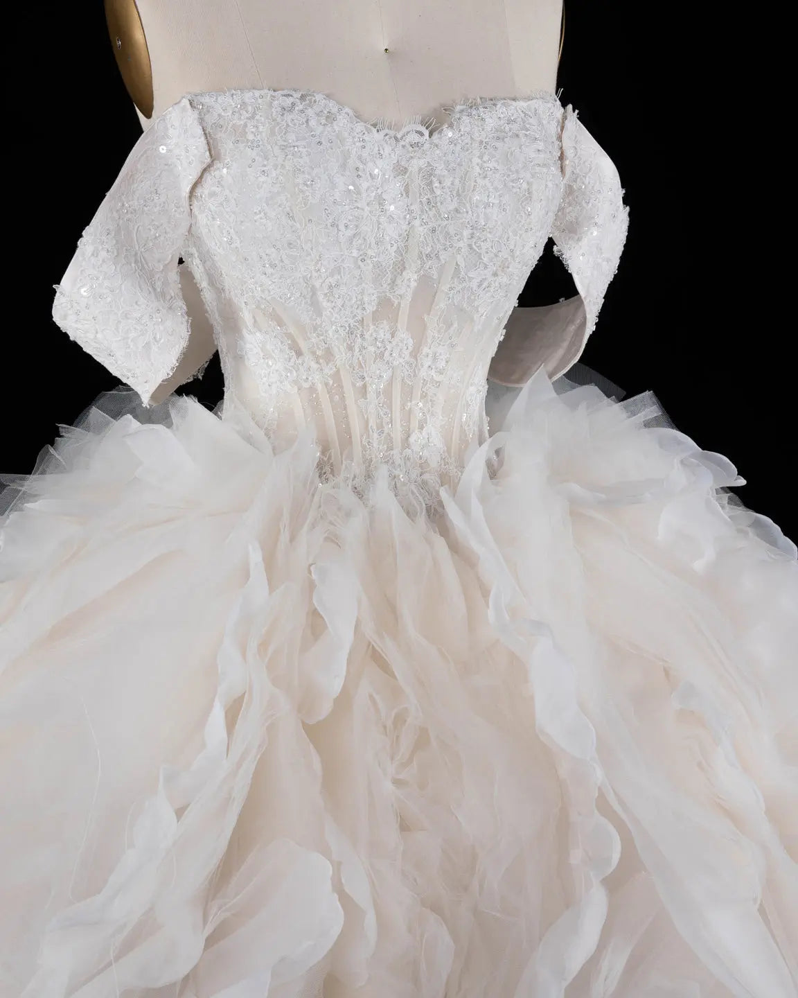 Off White Off Shoulder Lace Ball Gown Wedding Dress Sheer Fairy