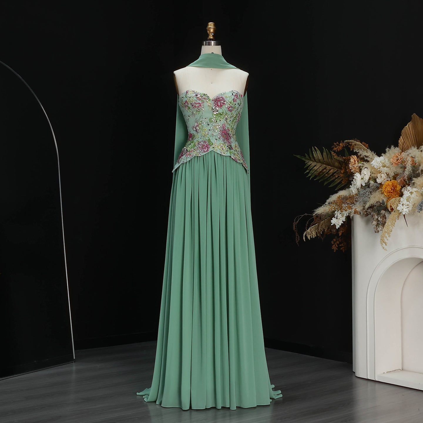 Pink Strapless Evening Dress with Floral Beaded Bodice & Chiffon Cape Scarf SS480 Sheer Fairy