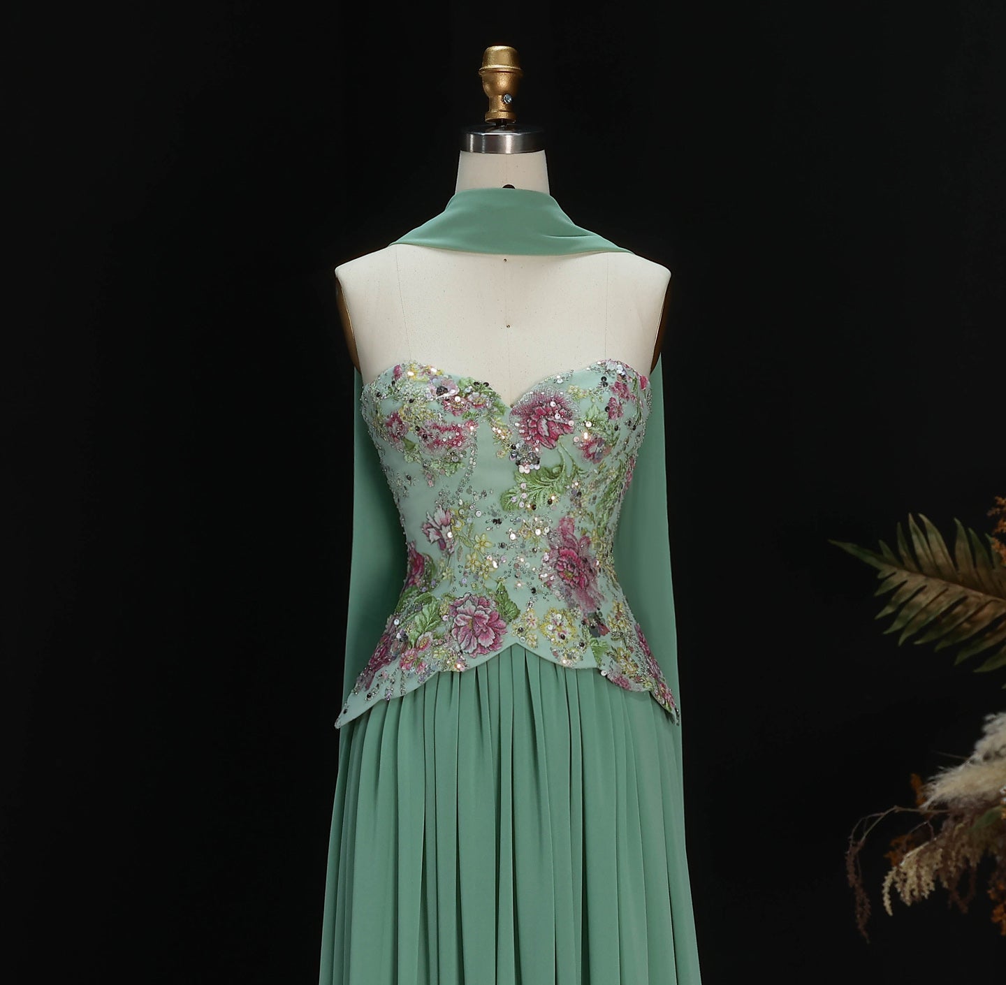 Pink Strapless Evening Dress with Floral Beaded Bodice & Chiffon Cape Scarf SS480 Sheer Fairy