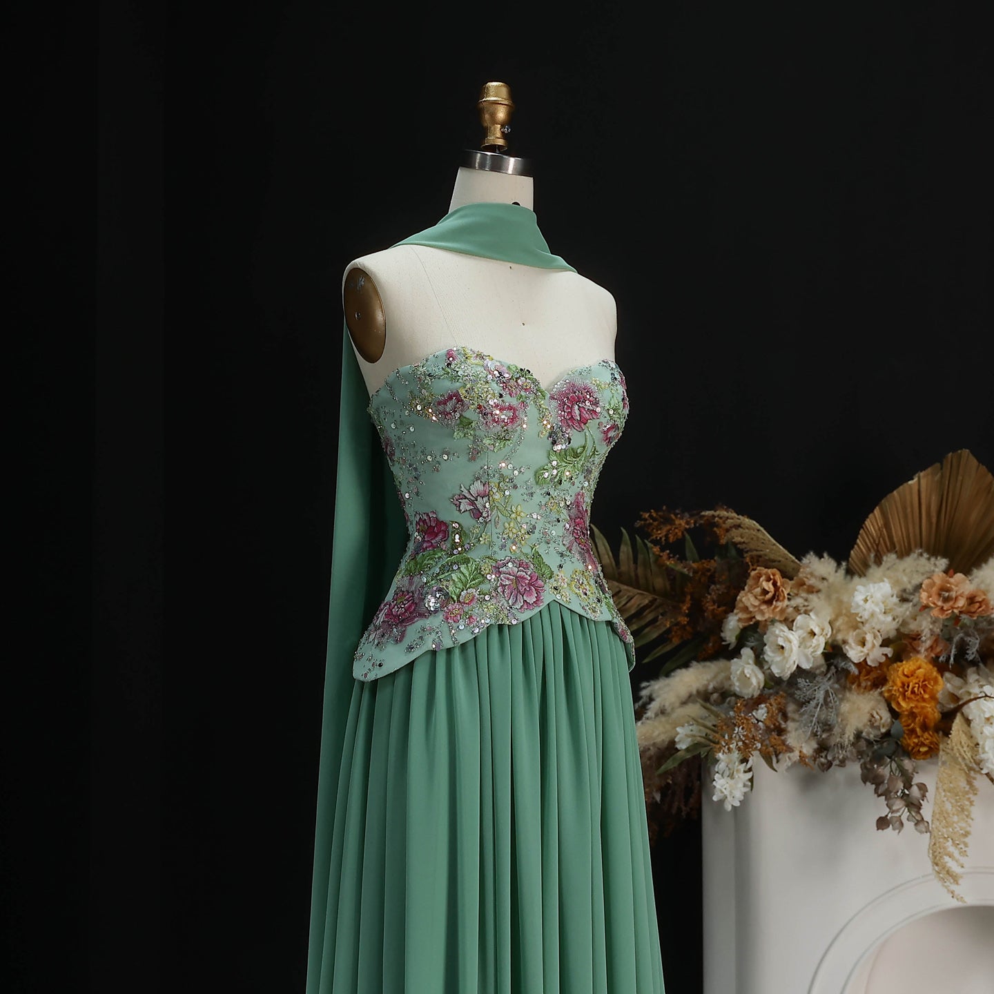 Pink Strapless Evening Dress with Floral Beaded Bodice & Chiffon Cape Scarf SS480 Sheer Fairy