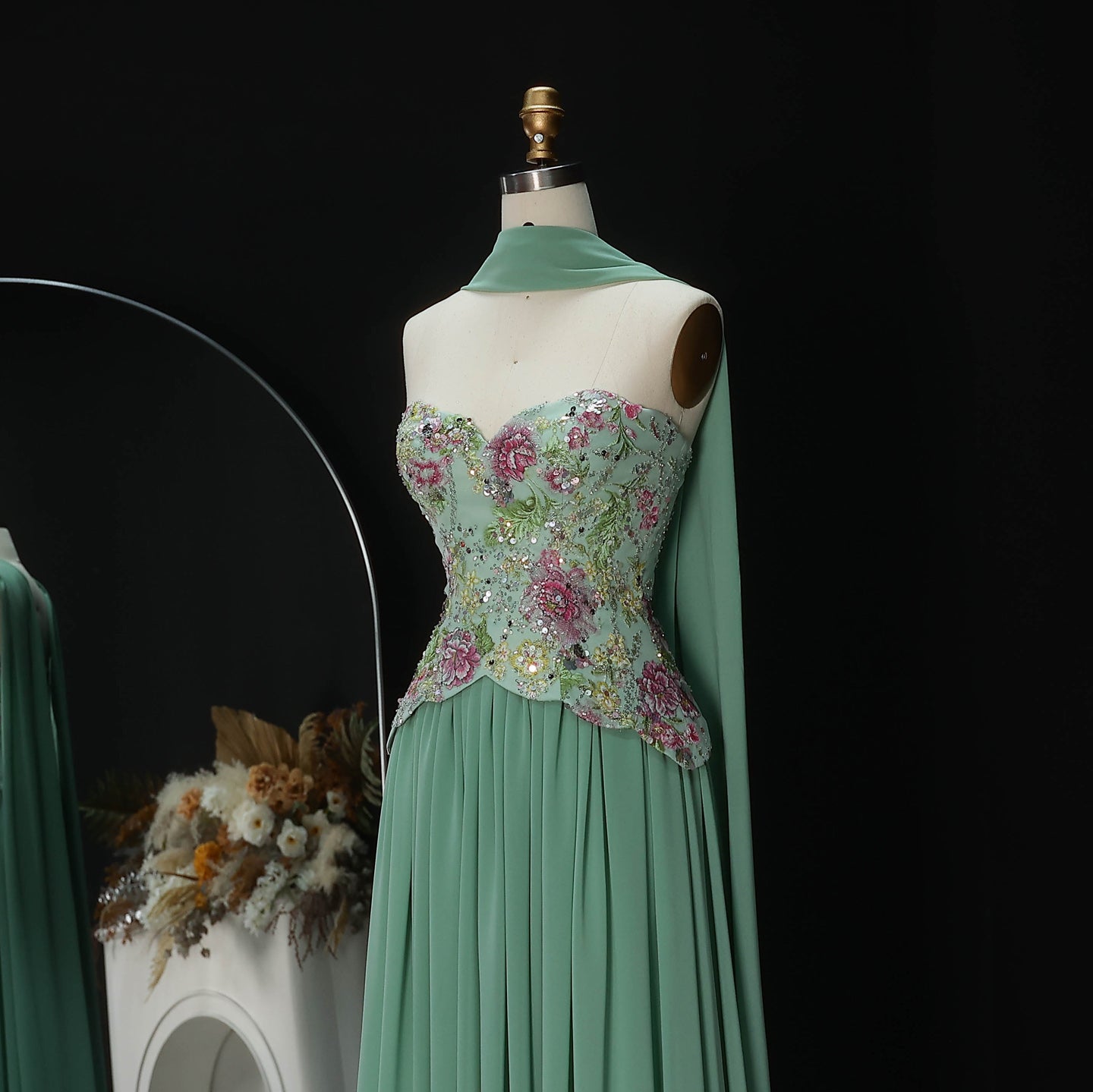 Pink Strapless Evening Dress with Floral Beaded Bodice & Chiffon Cape Scarf SS480 Sheer Fairy