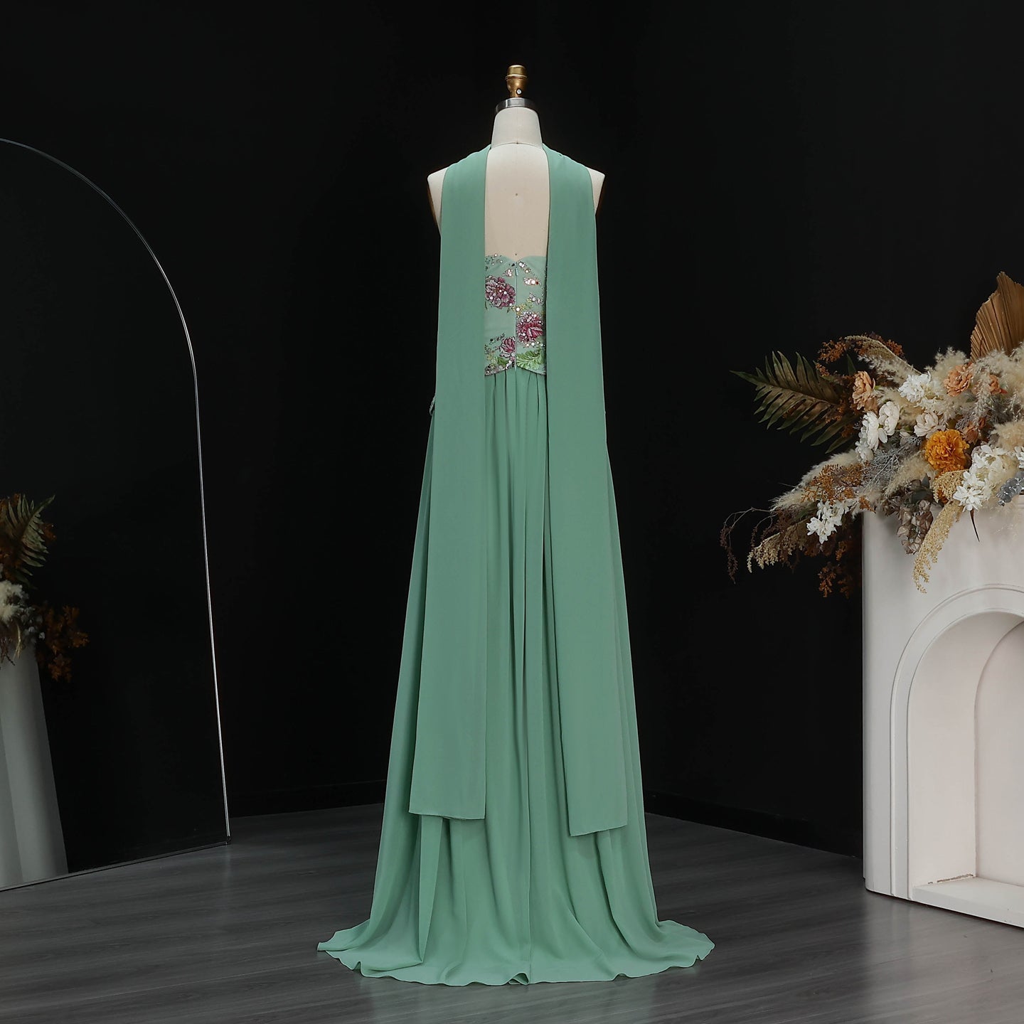 Pink Strapless Evening Dress with Floral Beaded Bodice & Chiffon Cape Scarf SS480 Sheer Fairy