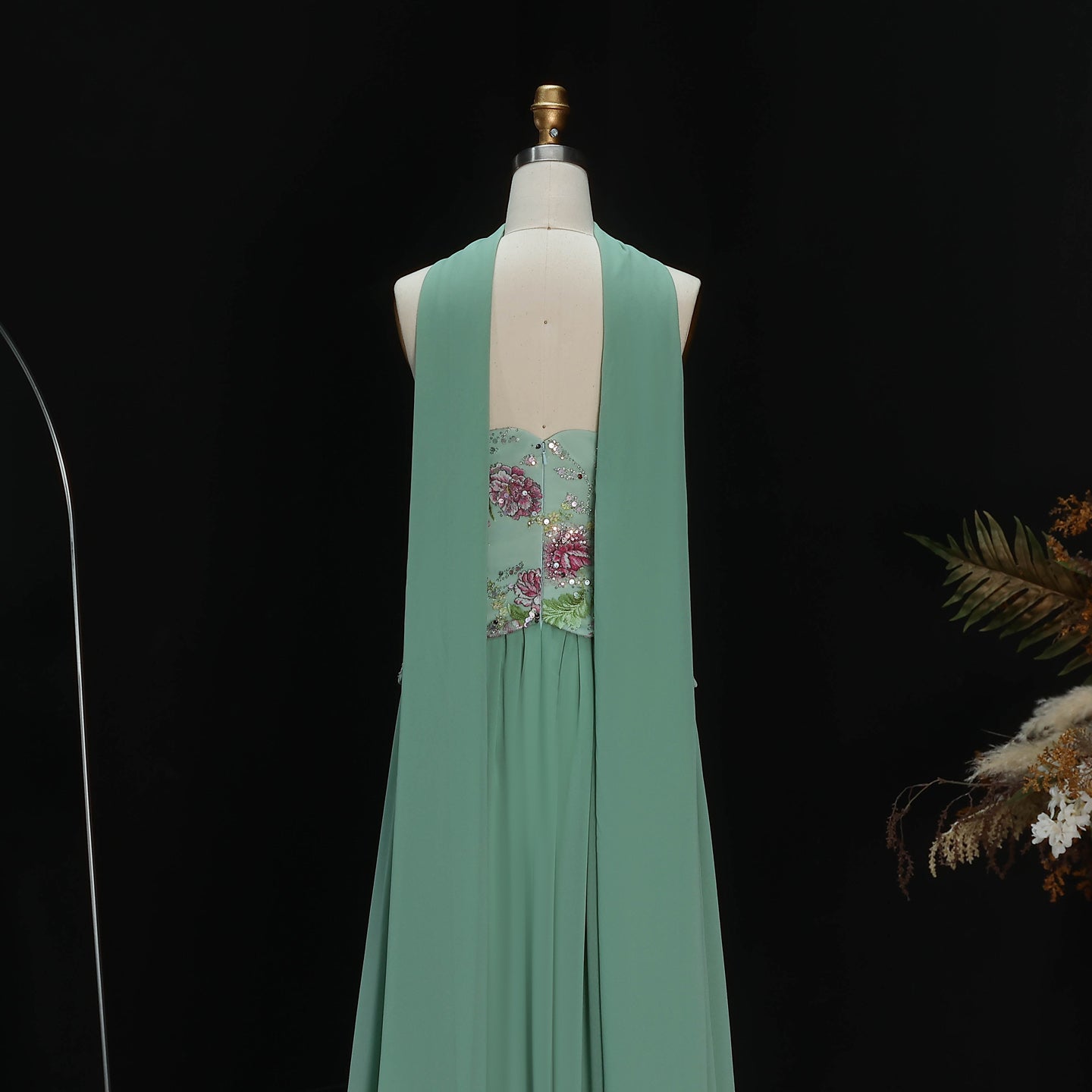 Pink Strapless Evening Dress with Floral Beaded Bodice & Chiffon Cape Scarf SS480 Sheer Fairy