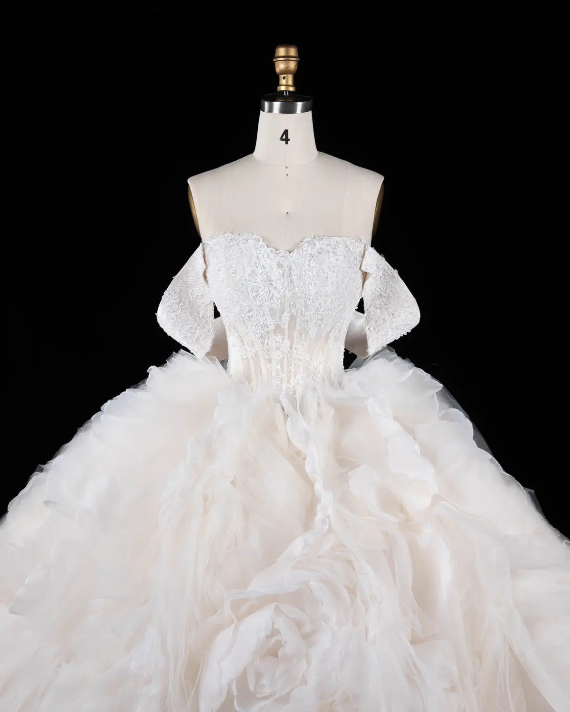 Off White Off Shoulder Lace Ball Gown Wedding Dress Sheer Fairy