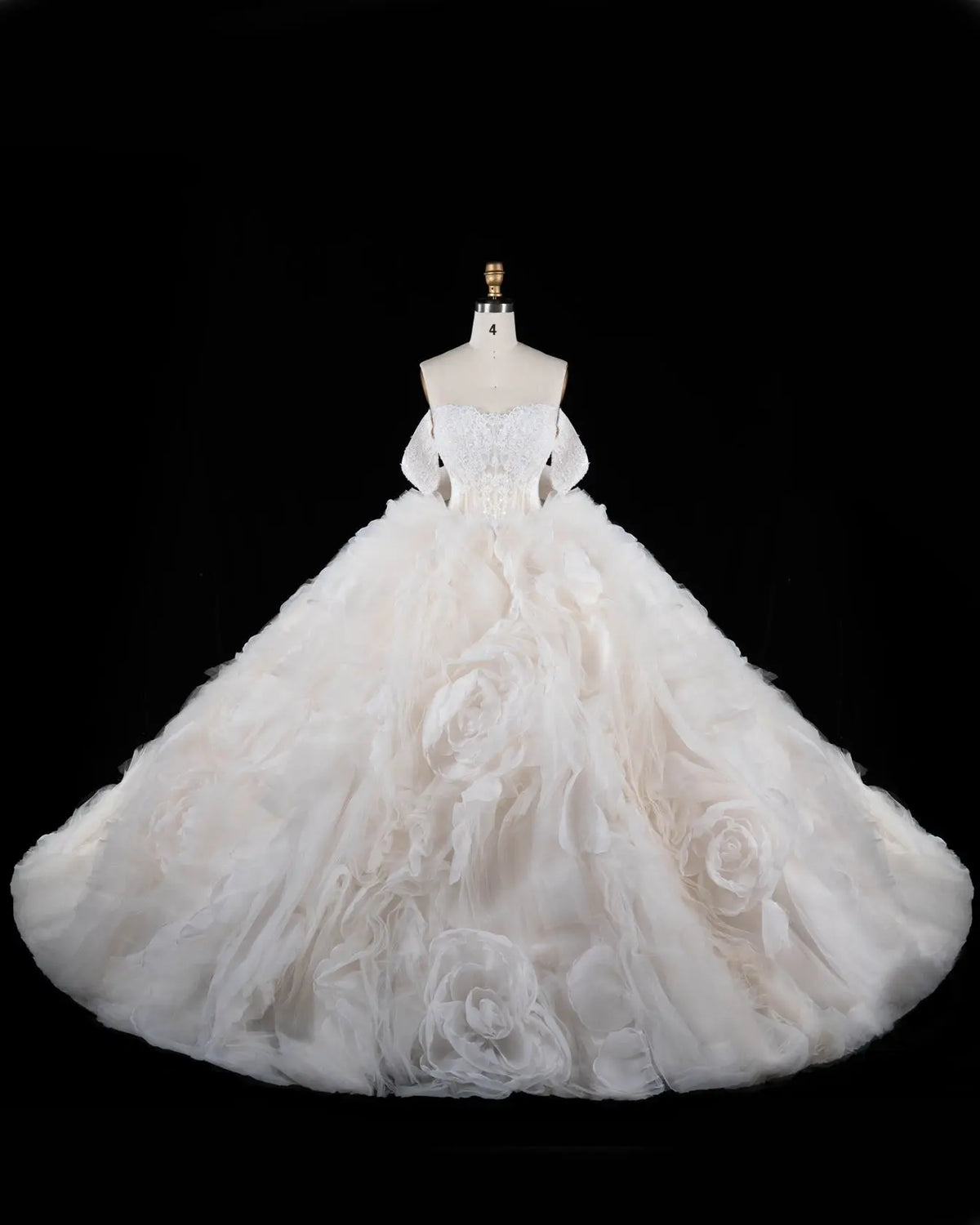 Off White Off Shoulder Lace Ball Gown Wedding Dress Sheer Fairy
