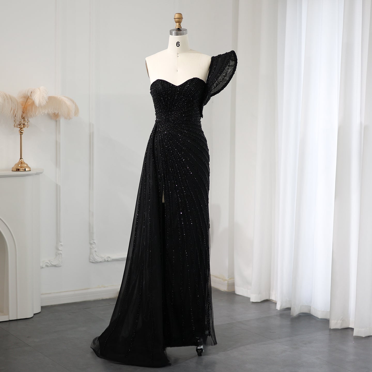 Glamorous Emerald Green One-Shoulder Beaded Mermaid Evening Dress with High Slit SS201 Sheer Fairy
