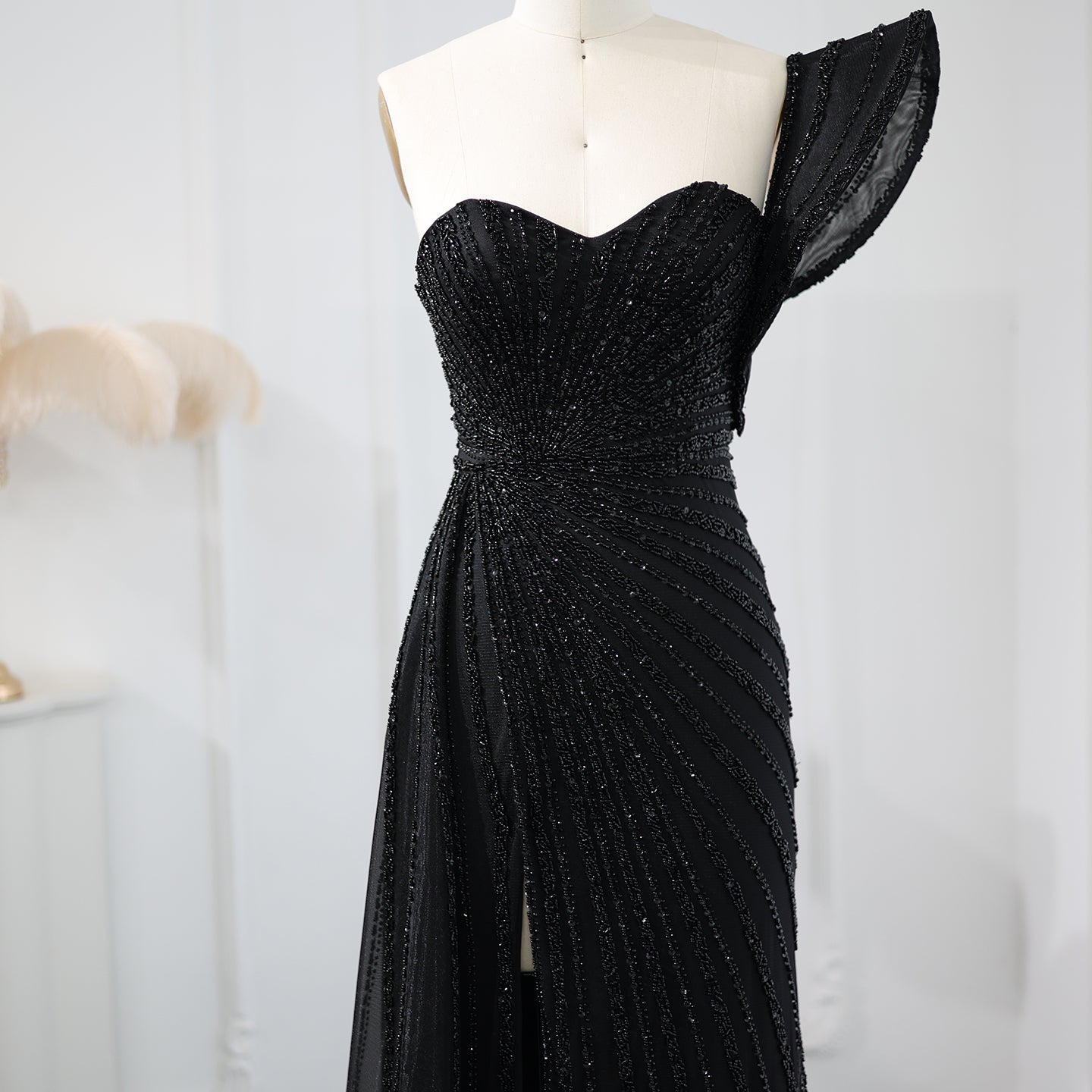 Glamorous Emerald Green One-Shoulder Beaded Mermaid Evening Dress with High Slit SS201 Sheer Fairy