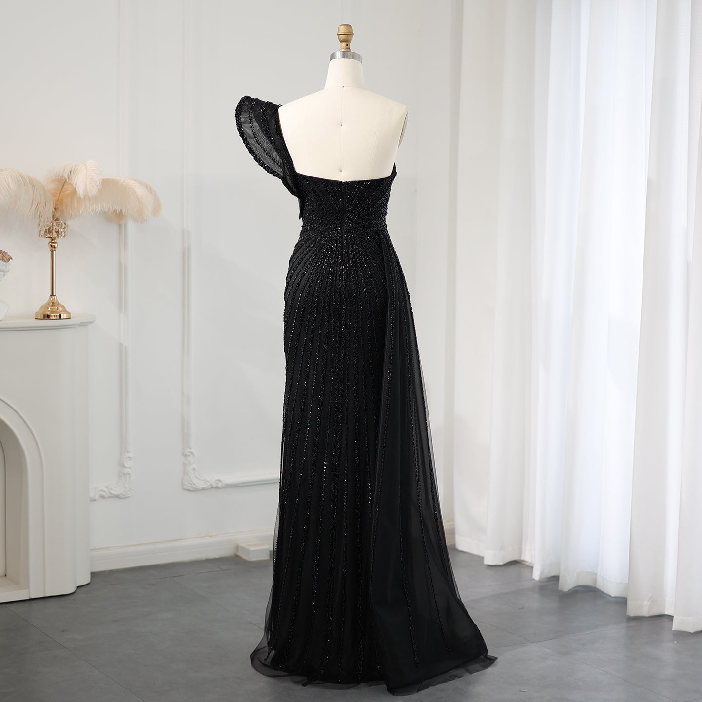 Glamorous Emerald Green One-Shoulder Beaded Mermaid Evening Dress with High Slit SS201 Sheer Fairy