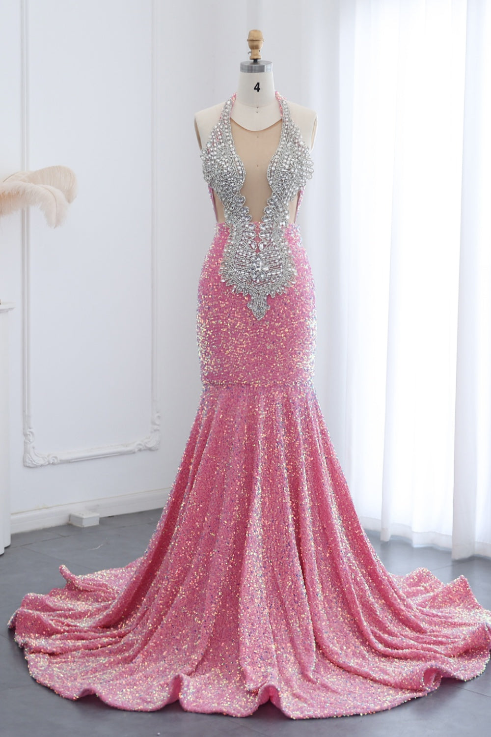 Modest Pink Rhinestone Sequined Plunging Mermaid Prom Dress SH016 Sheer Fairy