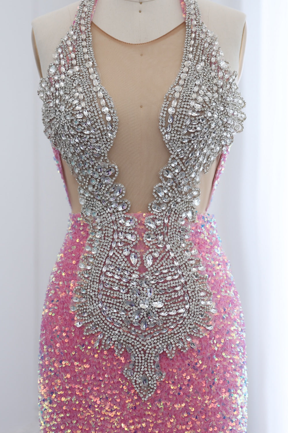 Modest Pink Rhinestone Sequined Plunging Mermaid Prom Dress SH016 Sheer Fairy
