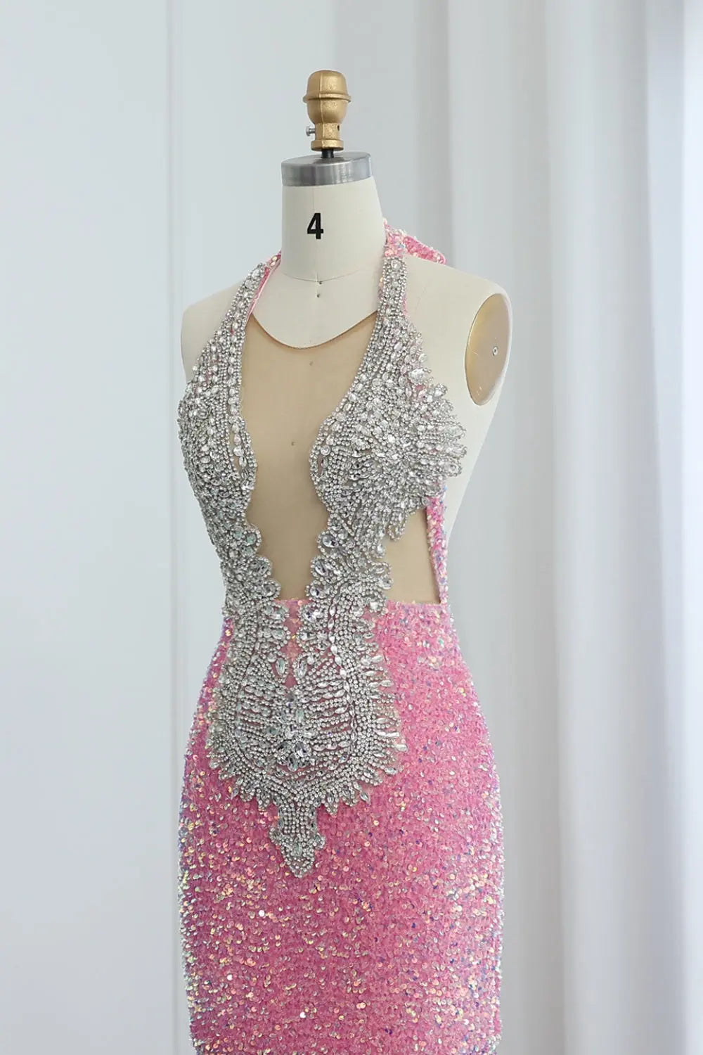 Modest Pink Rhinestone Sequined Plunging Mermaid Prom Dress SH016 Sheer Fairy