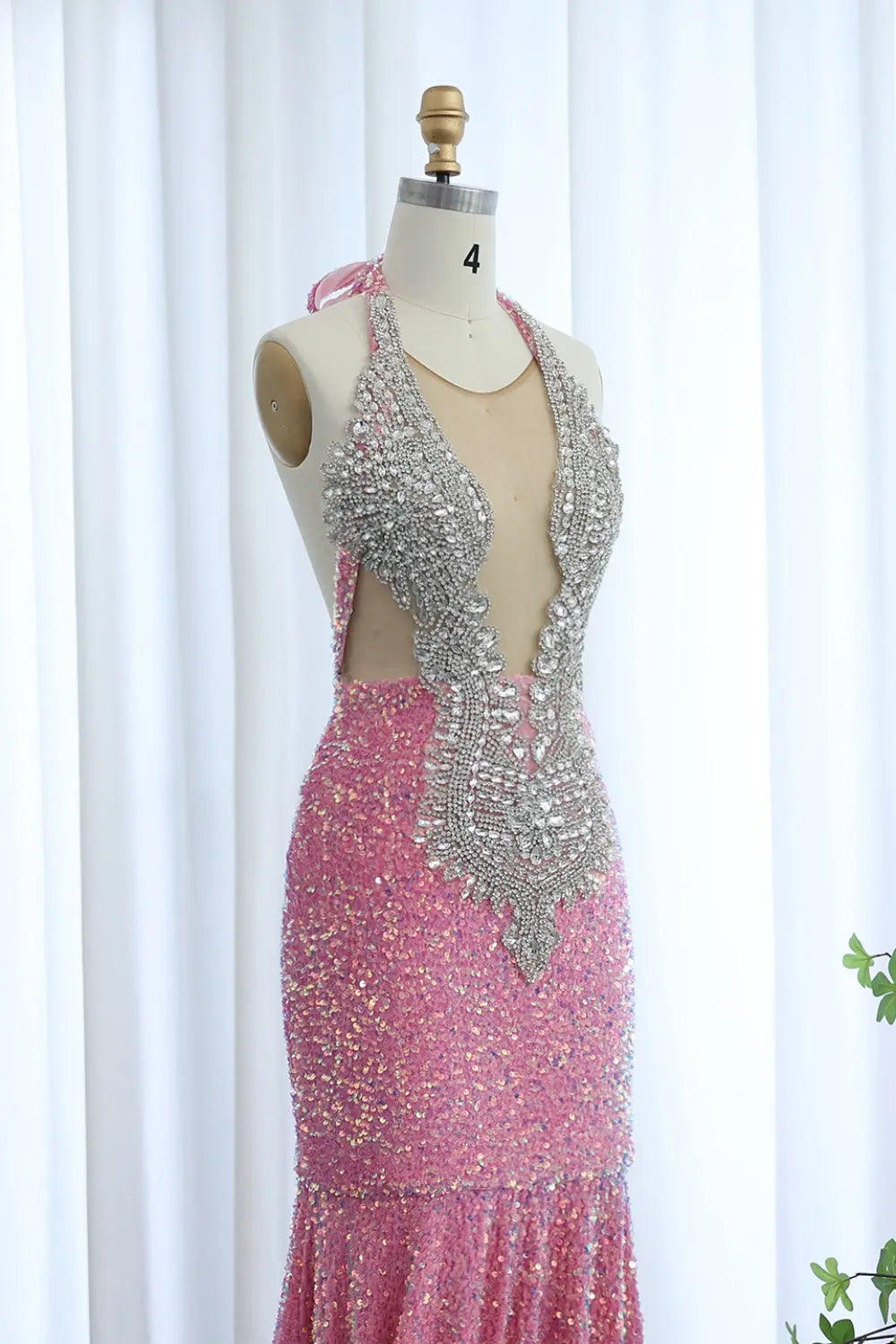 Modest Pink Rhinestone Sequined Plunging Mermaid Prom Dress SH016 Sheer Fairy