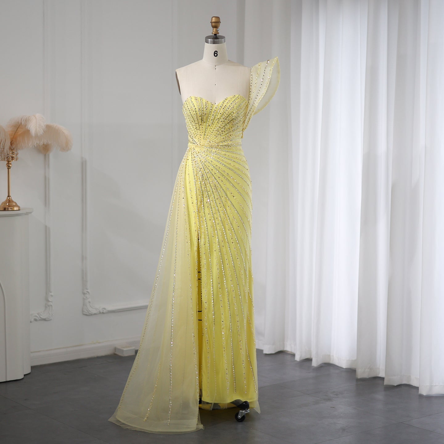 Glamorous Emerald Green One-Shoulder Beaded Mermaid Evening Dress with High Slit SS201 Sheer Fairy