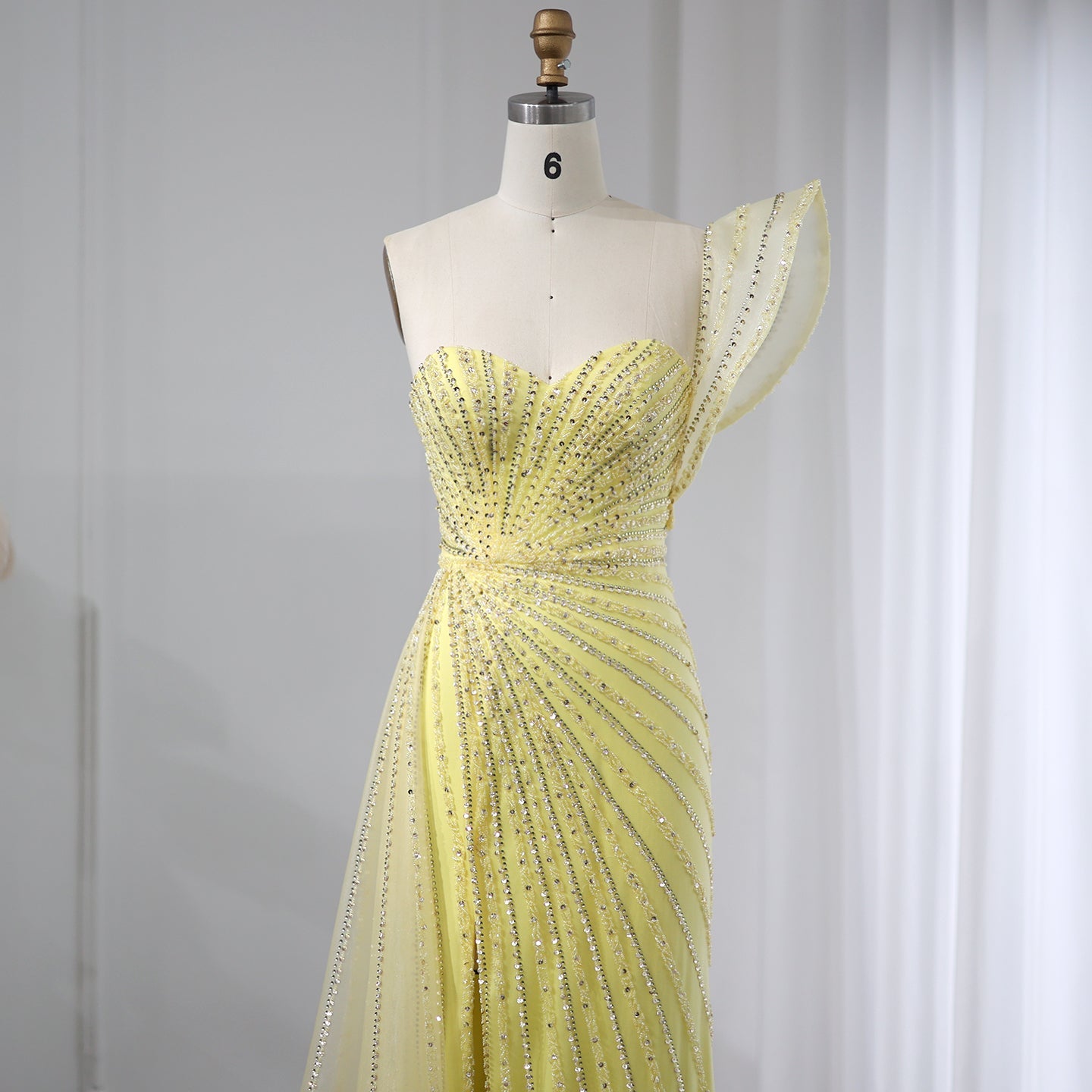 Glamorous Emerald Green One-Shoulder Beaded Mermaid Evening Dress with High Slit SS201 Sheer Fairy
