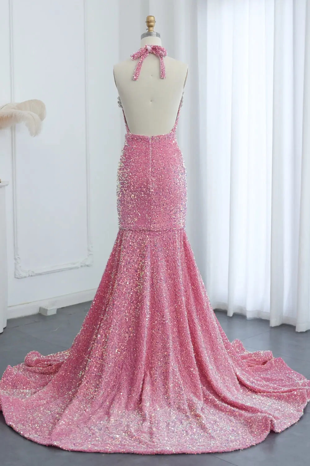 Modest Pink Rhinestone Sequined Plunging Mermaid Prom Dress SH016 Sheer Fairy