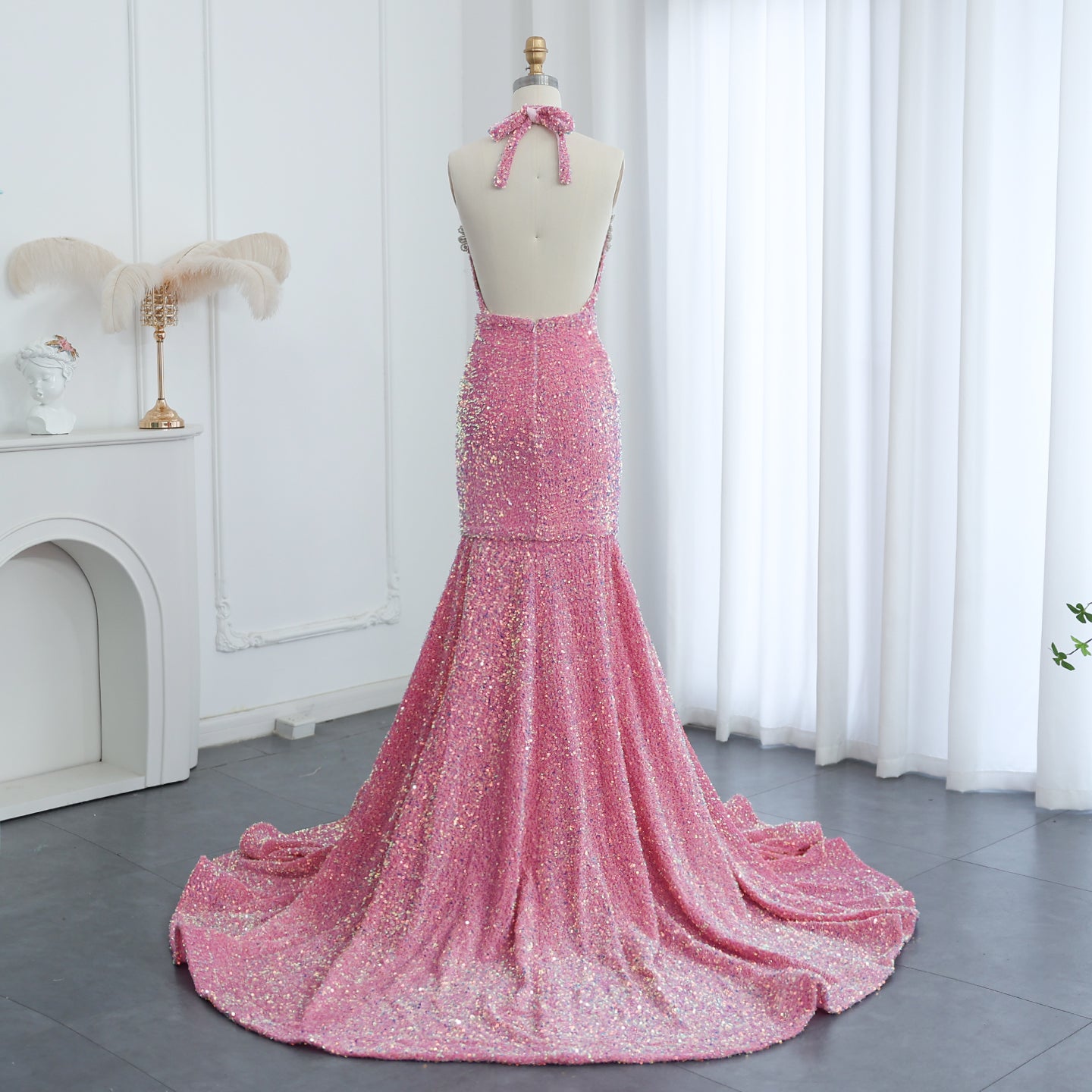Halter Backless Sequins Crystal Mermaid Black Girls Prom Dresses