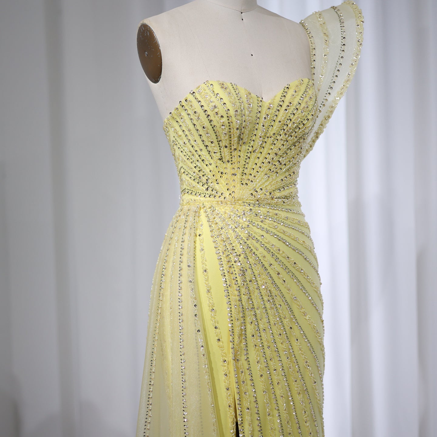 Glamorous Emerald Green One-Shoulder Beaded Mermaid Evening Dress with High Slit SS201 Sheer Fairy