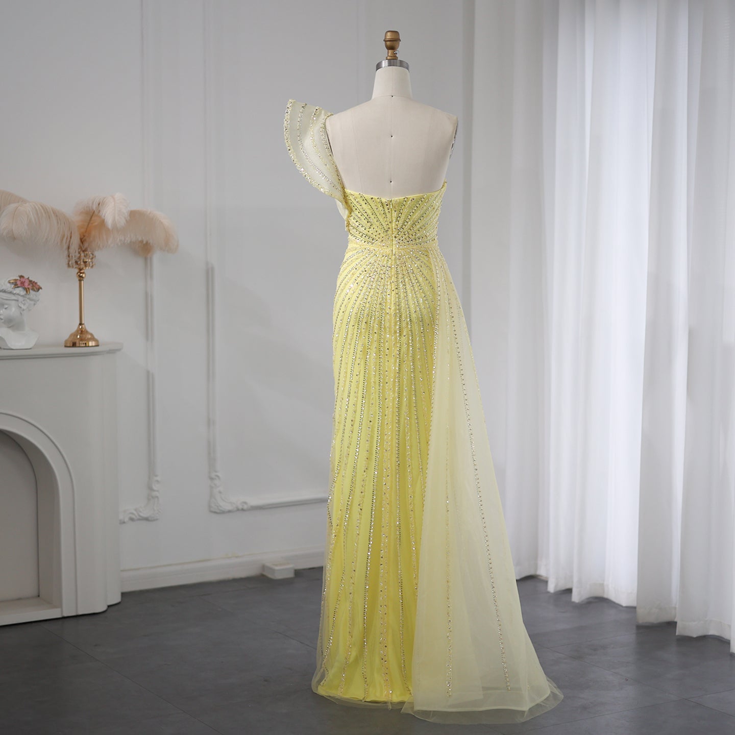 Glamorous Emerald Green One-Shoulder Beaded Mermaid Evening Dress with High Slit SS201 Sheer Fairy