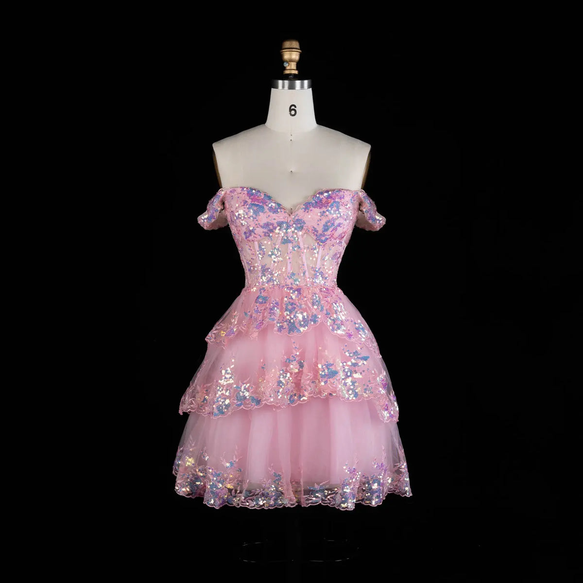 Champagne Sequin Tiered Ballgown Homecoming Dress RM156 Sheer Fairy
