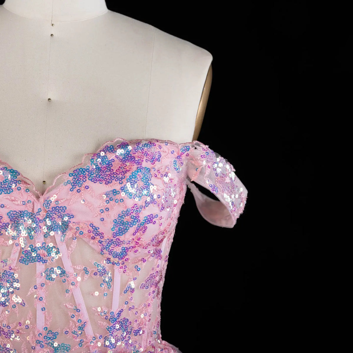 Champagne Sequin Tiered Ballgown Homecoming Dress RM156 Sheer Fairy